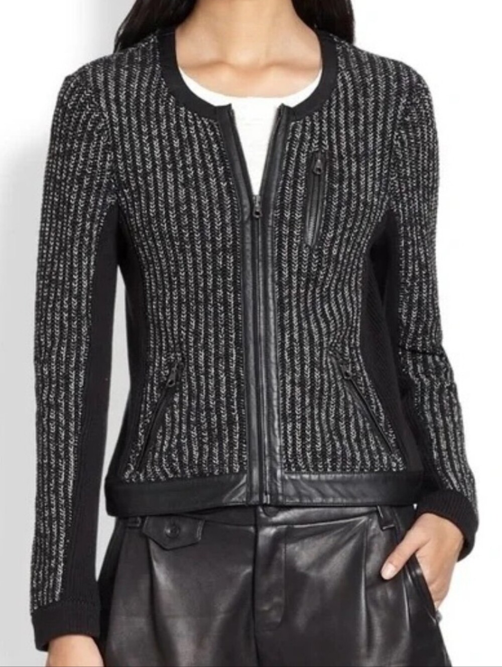 Rag & Bone Paula Black Leather-Trim Ribbed Knit Jacket Size XS